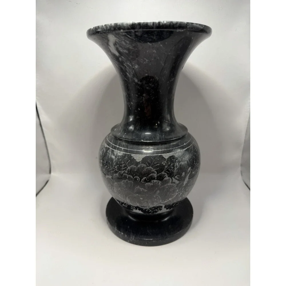 Vintage Black‎ Marble Stone Vase Floral Etched 9.5